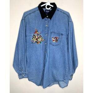Solutions Original Denim Shirt Womens Large Embroidered Christmas Bears Oversize